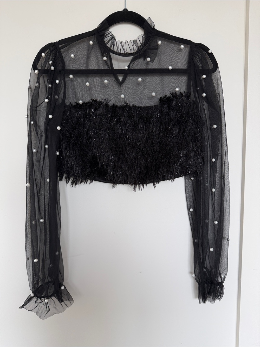3/$45 SHEIN Black Sheer Pearl-Embellished Feather-Trim Crop Top - Picture 1 of 7